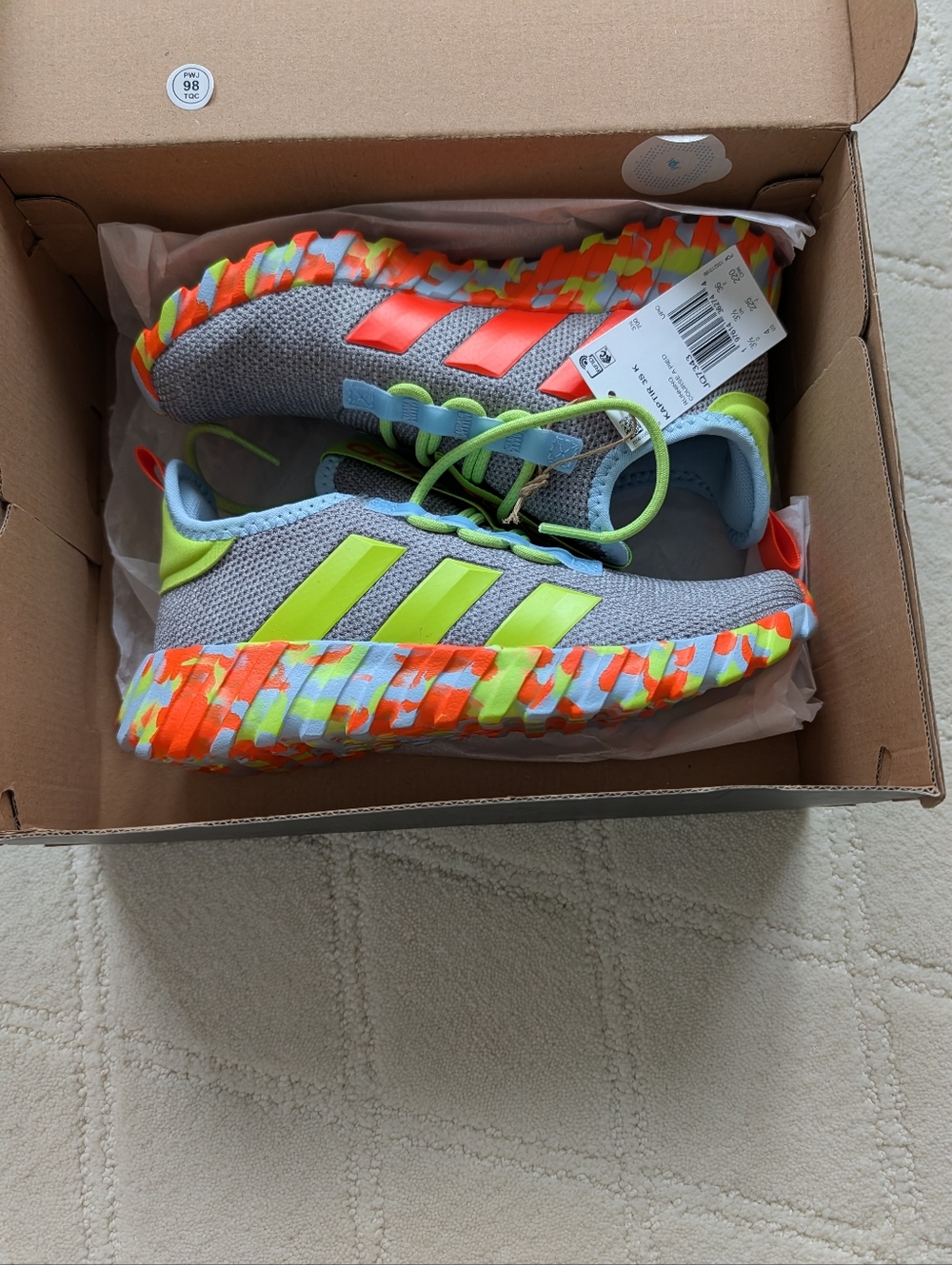 NWT Adidas Kaptir Sneakers, Gray Neon Green & Orange, Size 4Y